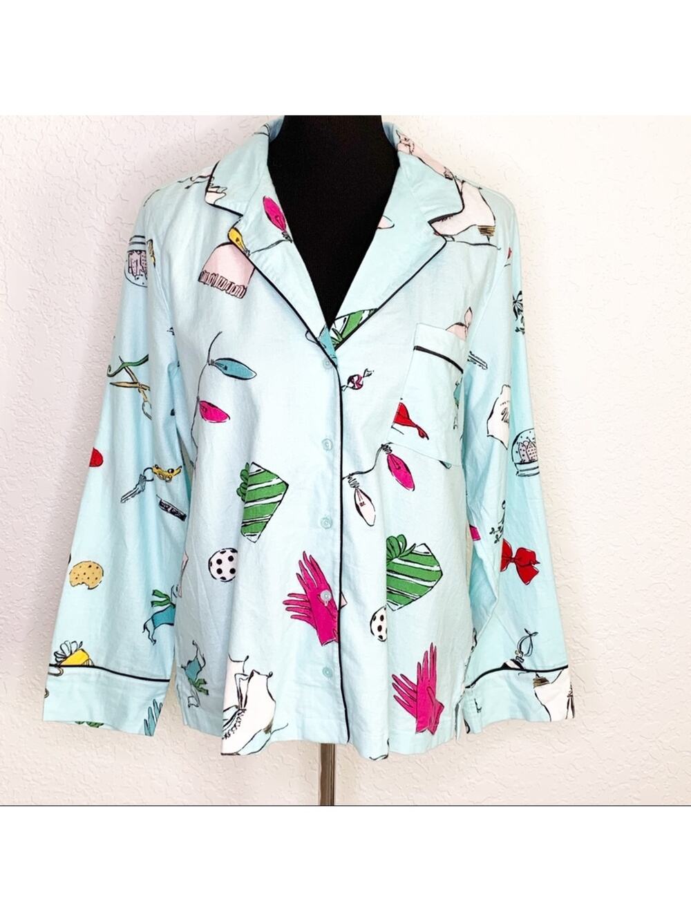 Kate Spade light blue Things We Love button down flannel pajama shirt size XL
